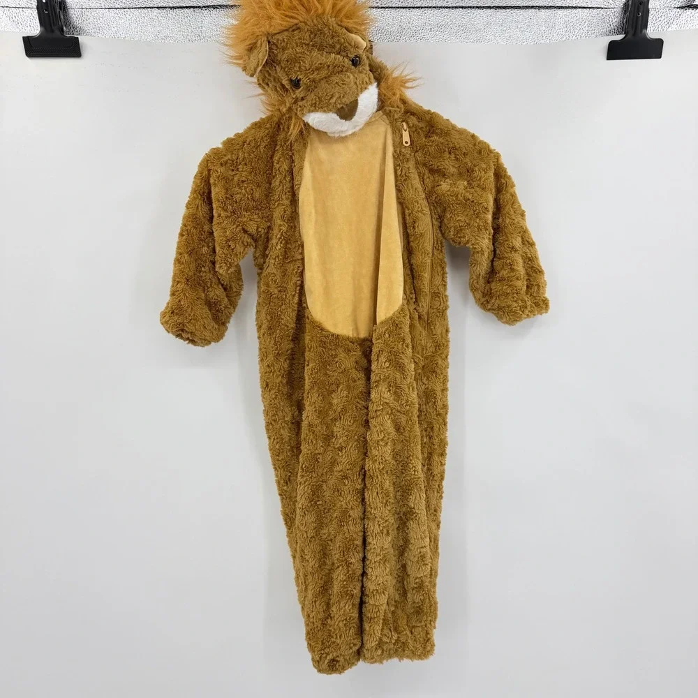 Lion Safari Costume Jumpsuit Kids 2-3T Brown Faux Fur Hooded Halloween Outfit